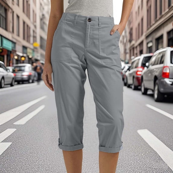 Capri Pants for Women Stretch Straight Leg Casual Summer Cargo Capris with Pockets Rolled Hem Gray XL