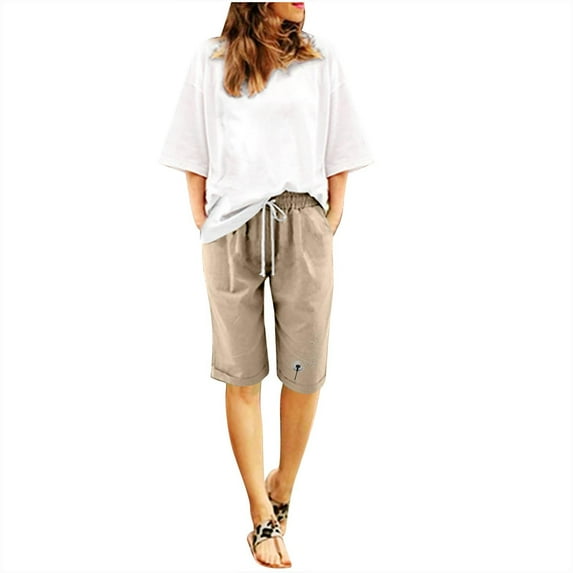 Capri Pants for Women Summer Casual Baggy Cotton Linen Shorts Pants Drawstring Knee Length Trousers with Pockets