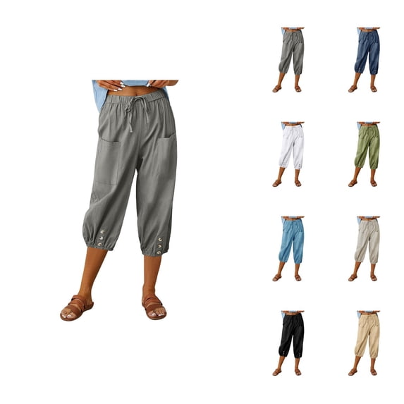 Capri Pants for Women Summer Casual Cotton Elastic High Waisted Wide Leg Relaxed Fit Cropped Pants with Deep Pockets