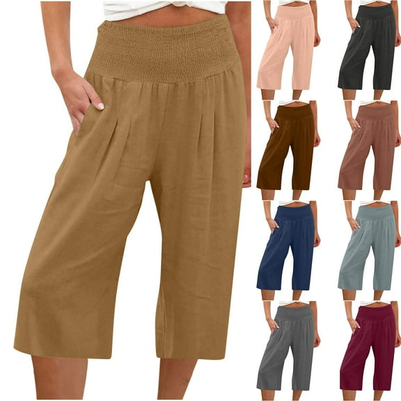 Capri Pants for Women Summer Casual Cotton Linen Wide Leg Cropped Pants Loose Elastic High Waist Capris Palazzo Beach Pants with Pockets