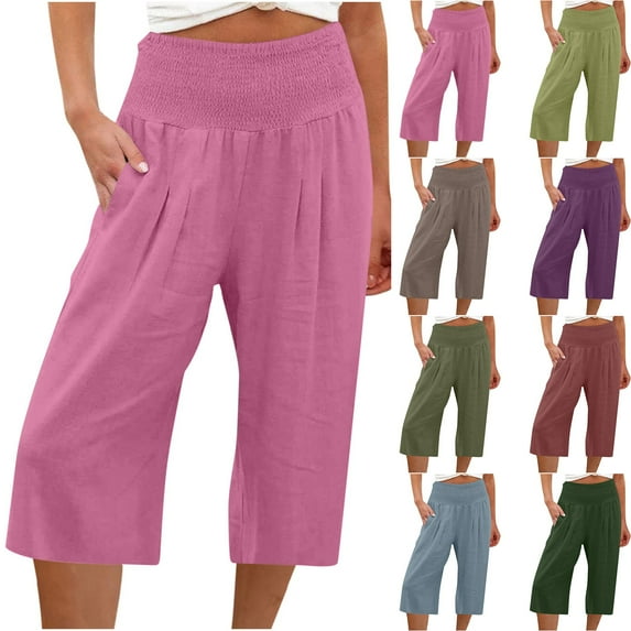 Capri Pants for Women Summer Casual Cotton Linen Wide Leg Pants Loose Elastic High Waist Cropped Capris Palazzo Beach Pants with Pockets