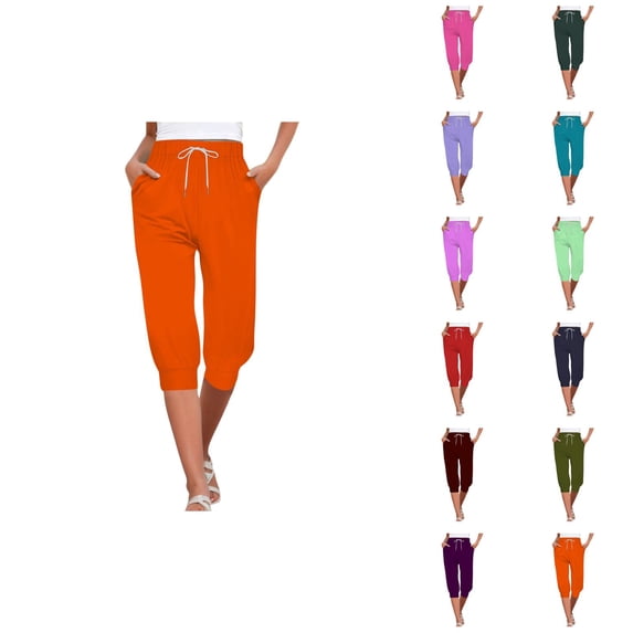 Capri Pants for Women Summer Casual Elastic High Waist Drawstring Cropped Yoga Jogger Pants with Pockets