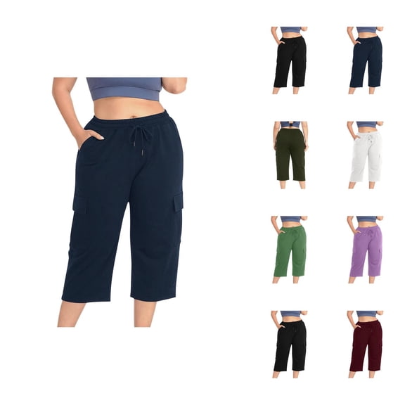 Capri Pants for Women Summer Casual Elastic High Waist Plus Size Wide Straight Leg Cropped Cargo Pants with Pockets
