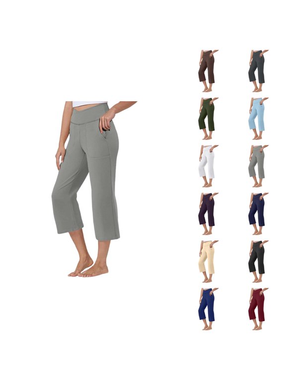 Capri Pants for Women Summer Casual Elastic High Waist Slightly Flared Cropped Yoga Pants with Pockets