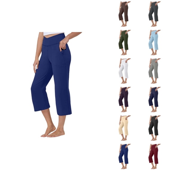 Capri Pants for Women Summer Casual Elastic High Waist Slightly Flared Cropped Yoga Pants with Pockets