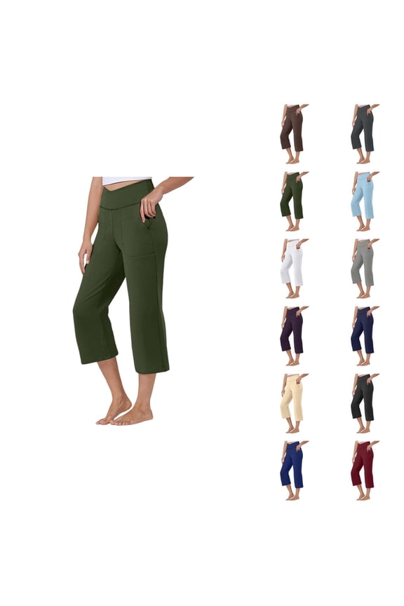 Capri Pants for Women Summer Casual Elastic High Waist Slightly Flared Cropped Yoga Pants with Pockets