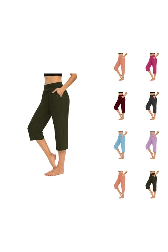 Capri Pants for Women Summer Casual Elastic High Waist Straight Leg Relaxed Fit Cropped Sweatpants with Pockets
