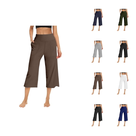 Capri Pants for Women Summer Casual Elastic High Waist Wide Leg Cropped Workout Yoga Pants with Pockets