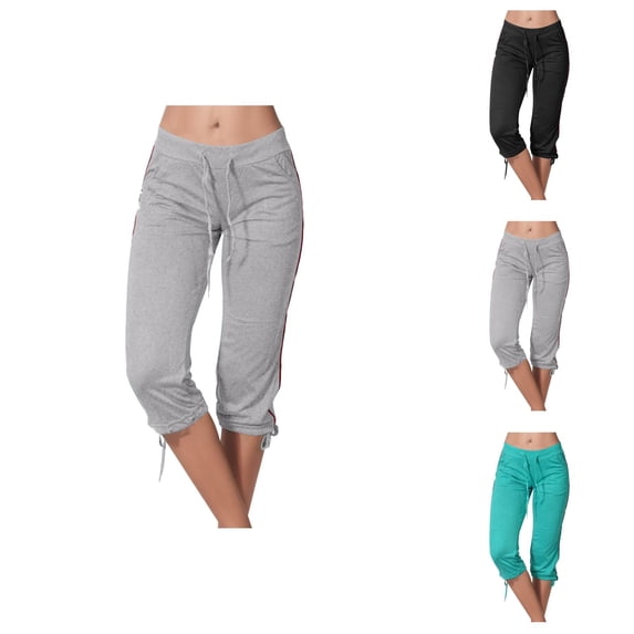 Capri Pants for Women Summer Casual Elastic Mid Waist Drawstring Cropped Sweatpants with Pockets