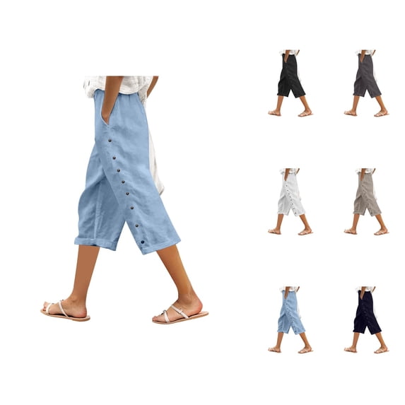 Capri Pants for Women Summer Casual Elastic Waist Decorative Side Buttons Straight Leg Cropped Pants with Pockets