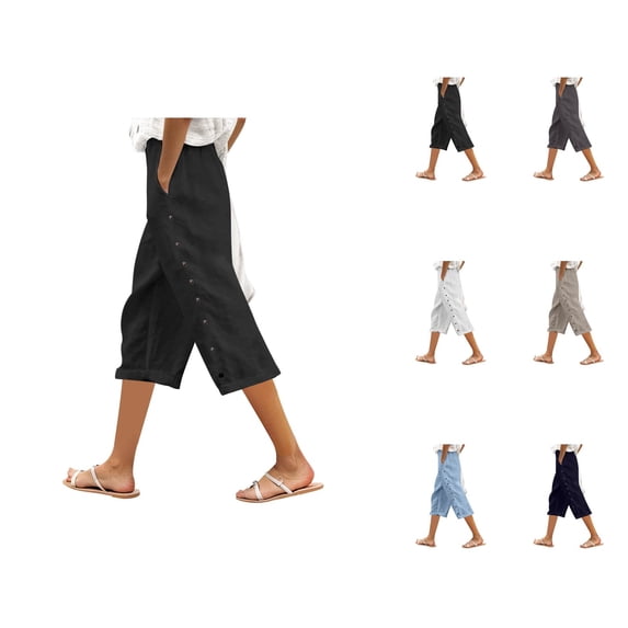 Capri Pants for Women Summer Casual Elastic Waist Decorative Side Buttons Straight Leg Cropped Pants with Pockets