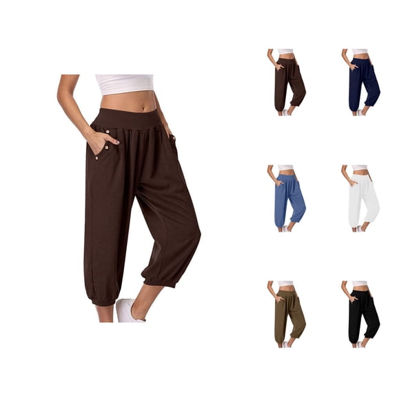 Capri Pants for Women Summer Casual Elastic Waist Straight Leg Relaxed Fit Cropped Jogger Pants with Pockets