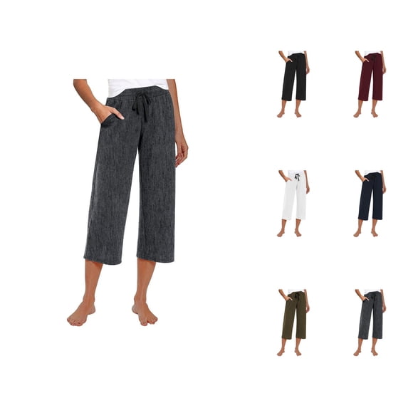 Capri Pants for Women Summer Casual Elastic Waist Wide Straight Leg Cropped Sweatpants with Pockets