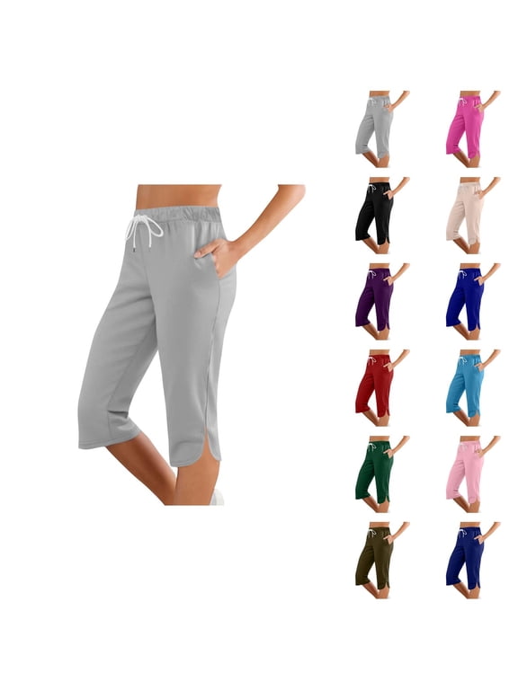 Capri Pants for Women Summer Casual Lightweight Elastic Mid Waist Slim Fit Straight Leg Cropped Sweatpants with Pockets