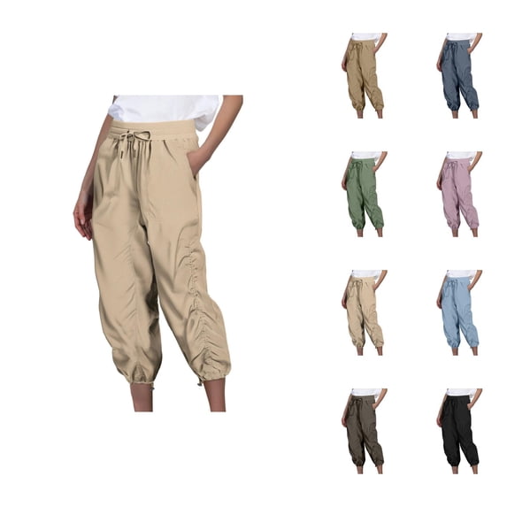 Capri Pants for Women Summer Casual Lightweight Elastic Waist Ruched Quick Drying Travel Hiking Pants with Pockets