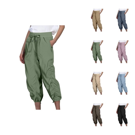 Capri Pants for Women Summer Casual Lightweight Elastic Waist Ruched Quick Drying Travel Hiking Pants with Pockets