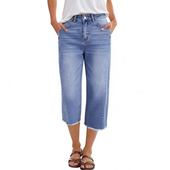 Capri Pants for Women Summer Drawstring Elastic Waist Baggy Wide Leg Cropped Jeans Stretchy Pull on Denim Capris Light Blue M