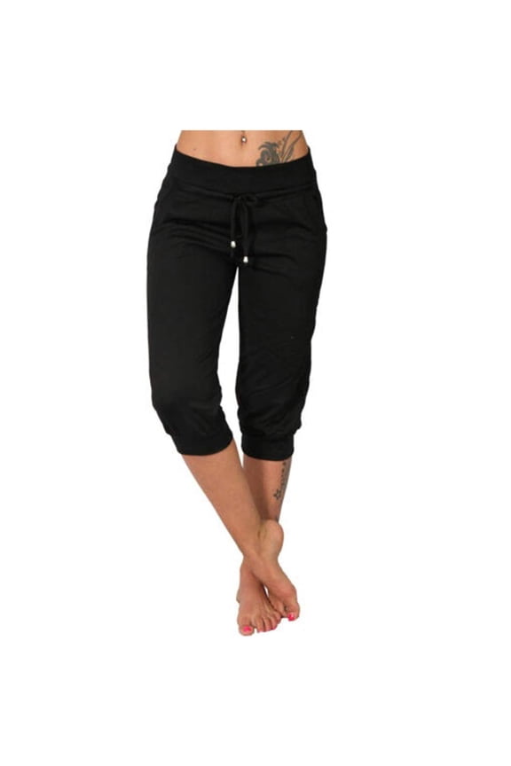 Capri Pants for Women Summer Drawstring Sweatpants Casual Lightweight Solid Color Cropped Jogger Pants with Pockets Black 2XL