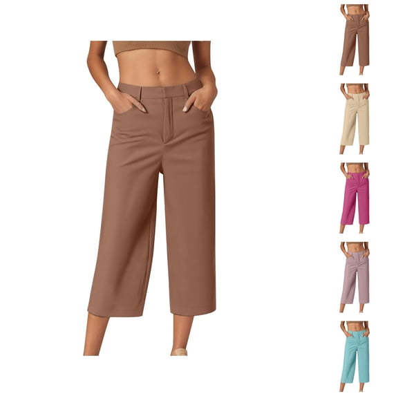 Capri Pants for Women Summer Dressy Casual Relaxed Fit Wide Straight Leg Cropped Slacks with Pockets