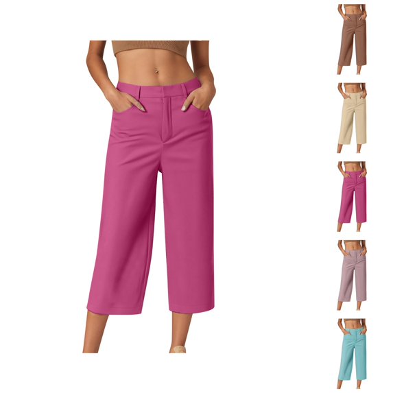 Capri Pants for Women Summer Dressy Casual Relaxed Fit Wide Straight Leg Cropped Slacks with Pockets