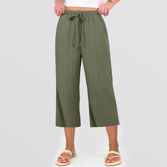 Capri Pants for Women Summer Loose Palazzo Wide Leg Trousers Drawstring Casual Flowy Pull On Capris with Pockets Army Green L