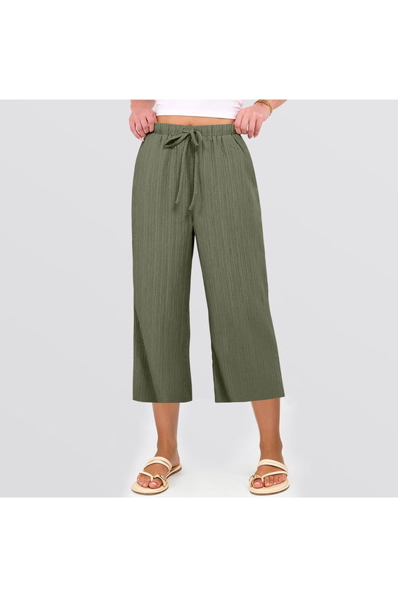 Capri Pants for Women Summer Loose Palazzo Wide Leg Trousers Drawstring Casual Flowy Pull On Capris with Pockets Army Green XL
