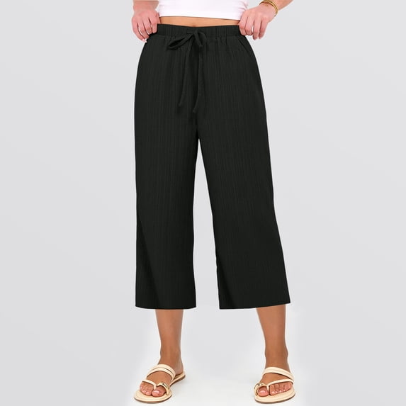 Capri Pants for Women Summer Loose Palazzo Wide Leg Trousers Drawstring Casual Flowy Pull On Capris with Pockets Black XL