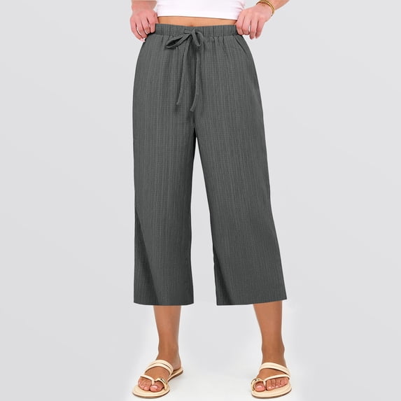 Capri Pants for Women Summer Loose Palazzo Wide Leg Trousers Drawstring Casual Flowy Pull On Capris with Pockets Gray 2XL