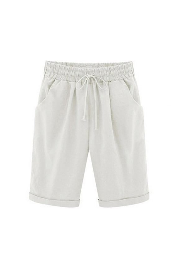 Women's Elastic Waist Casual Comfy Cotton Linen Beach Shorts with Drawstring Pockets Knee Length Curling Bermuda Shorts