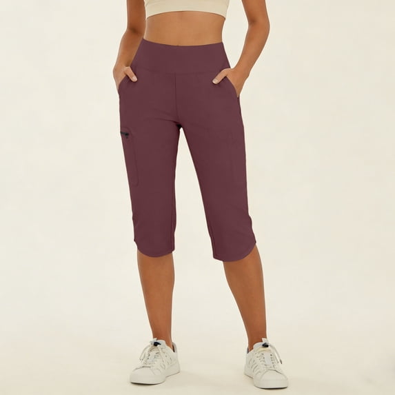 Capri Pants for Women Summer Yoga Leggings with Pockets Slim Fit Workout Gym Capris Straight Leg Yoga Trousers Wine M