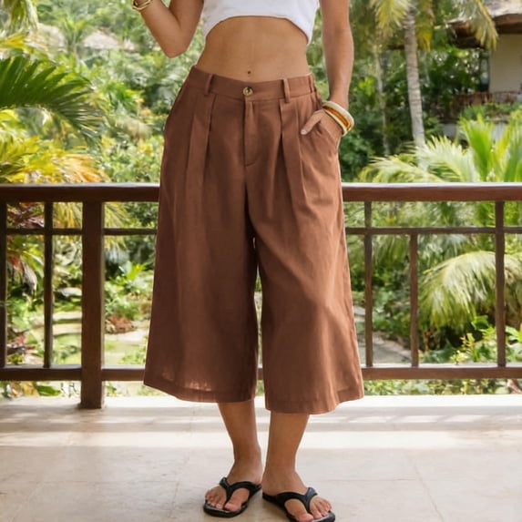 Capri Pants for Women Trendy Pleated Cotton Linen Trousres Wide Leg Summer Casual Palazzo Pant with Pockets Coffee L