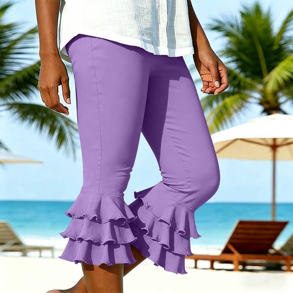 Capri Pants for Women Trendy Tiered Ruffle Hem Flare Leggings Bell Bottom Skinny Cropped Bloomer Trousers Purple M