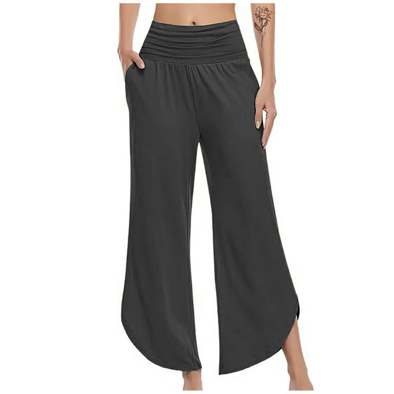 Capri Pants for Women Wide Leg High Waist Tummy Control Yoga Dress Pants  Flowy Stretch Lounge Casual Crop Pants with Pockets(S,Gray)