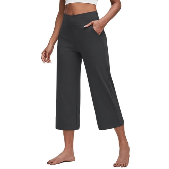 Capri Pants for Women Wide Leg High Waist Yoga Sweatpants with Pockets Causal Loose Pull On Lounge Pants Dark Gray L