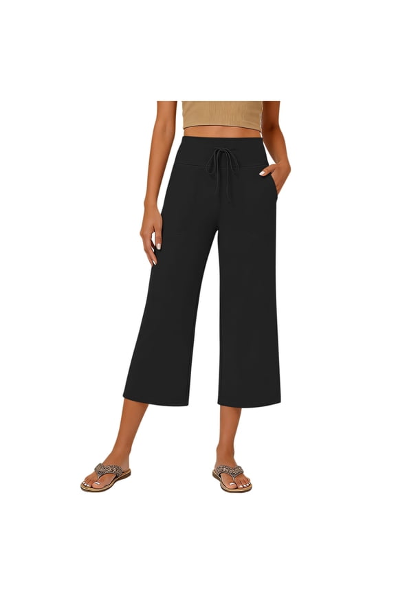 Capri Pants for Women - Wide Leg Loose Casual Trousers with Pockets Summer High Waisted Drawstring Comfy Lounge Slacks