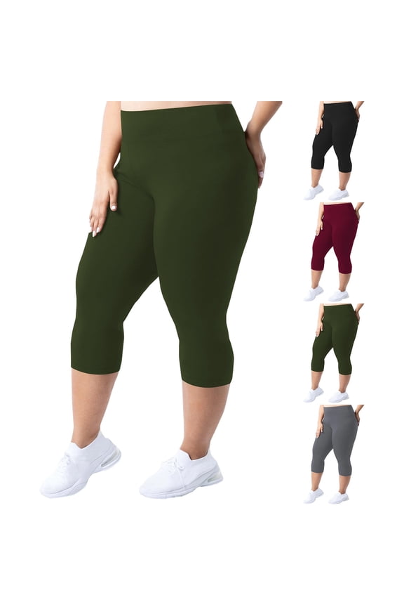 Women's Plus Size Capri Leggings High Waist Stretchy Workout Yoga Pants Casual Breathable Athletic Capri Trousers Army Green 3XL