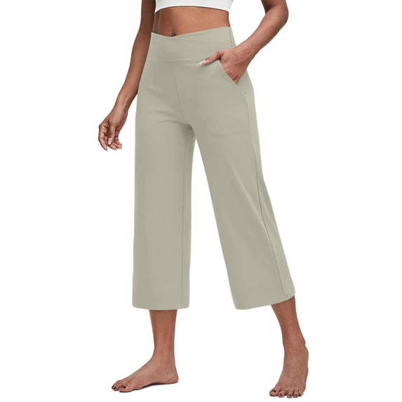 Capri Pants for Women Wide Leg Yoga Cropped Pants with Pockets Loose Casual Summer Pant Beige 2XL