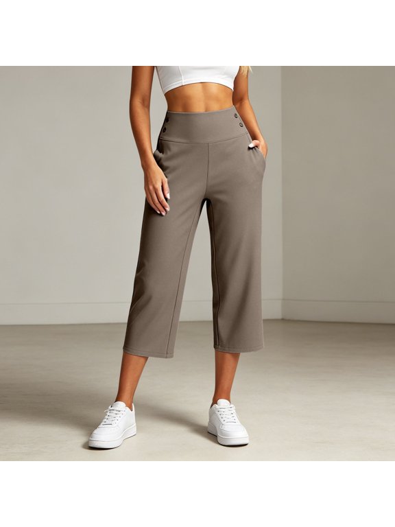 Capri Pants for Women Wide Leg Yoga Cropped Pants with Pockets Loose Casual Summer Pant Yoga Work Dressy Casual Business Pants(Coffee,XXL)