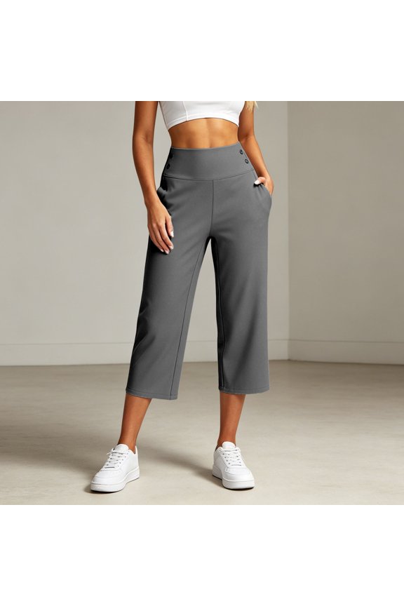Capri Pants for Women Wide Leg Yoga Cropped Pants with Pockets Loose Casual Summer Pant Yoga Work Dressy Casual Business Pants(Grey,L)