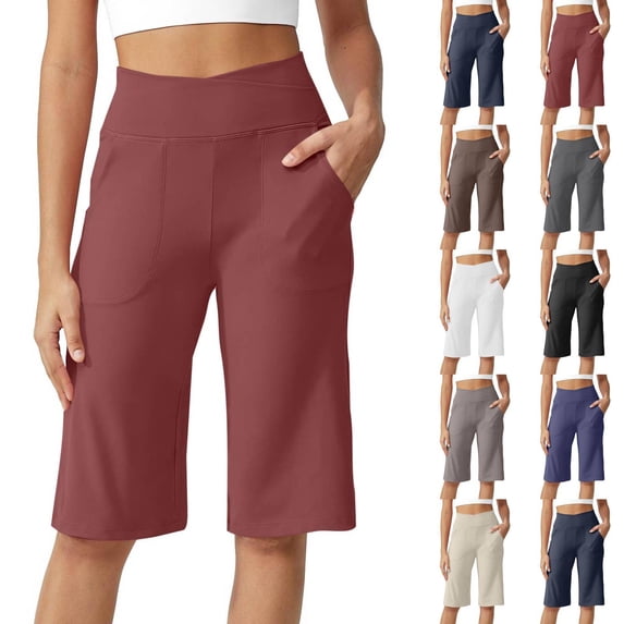 Capri Pants for Women Wide Leg Yoga Cropped Pants with Pockets Loose Casual Summer Pants Red L