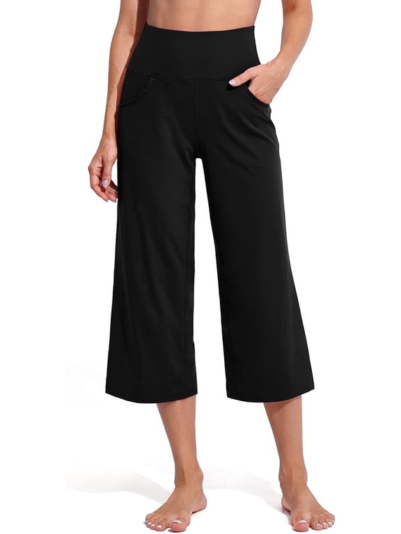 Capri Wide Leg Pants for Women Yoga Pants Flare Petite with Pockets High Waist Lightweight Leggings Sweatpants for Summer Black