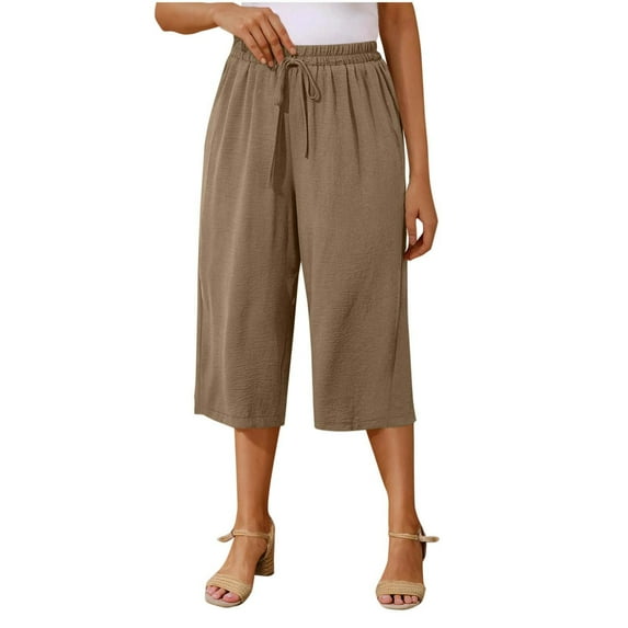 Capri Pants for Women, Women Solid Color Elastic Waist Sports Casual Pants With Side Pockets Gifts for Family Khaki XL