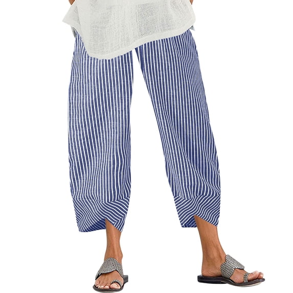 Capri Pants for Women,Women's Vintage Wide Leg Pants Striped Harem Pants Summer Elastic Waist Capris Casual Lightweight Baggy Cropped Pants
