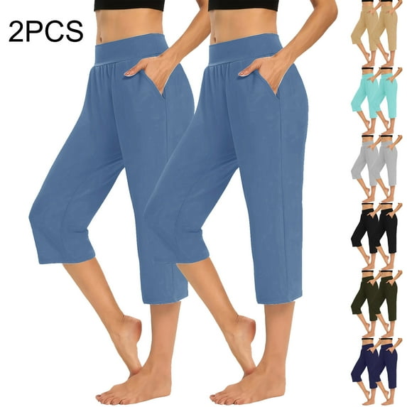 Capri Pants for Women, Xunlbb 2PCS Solid Elastic Waist Pocket Cropped Pants Casual Stretchy Stylish Pants For Spring Summer Women's Clothing(Black,S)