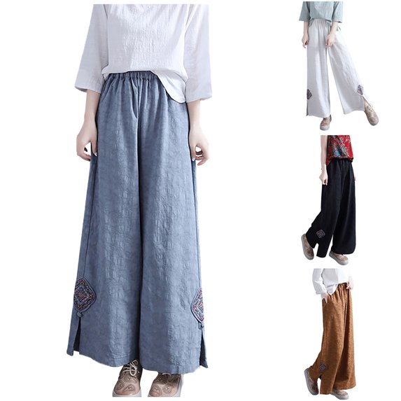 Capri Pants for Women, Xunlbb Ladies' Casual Solid Color Loose Diamond Embroidered Wide Leg Cropped Pants(Black,L)