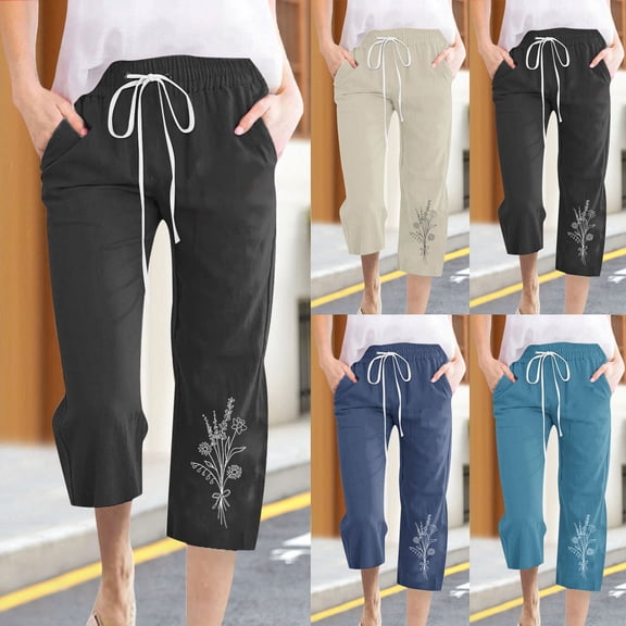 Capri Pants for Women, Xunlbb Printed Women’s Elastic Waist For Casual With Casual Pockets Full Length Pants(Black,S)