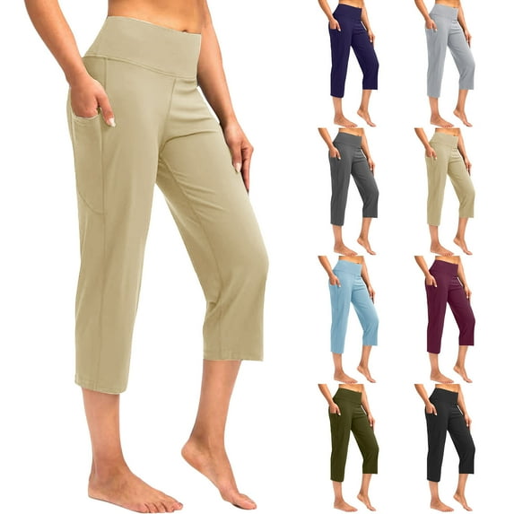 Capri Pants for Women, Xunlbb Solid Elastic Waist Pocket Cropped Pants Casual Stretchy Stylish Pants For Spring Summer Women's Clothing(Black,S)