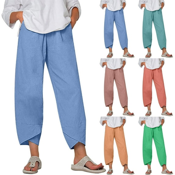 Capri Pants for Women, Xunlbb Women Casual Height Trimming And Waist Bouncing Solid Color And Linen Pants Cropped Pants(Blue,S)