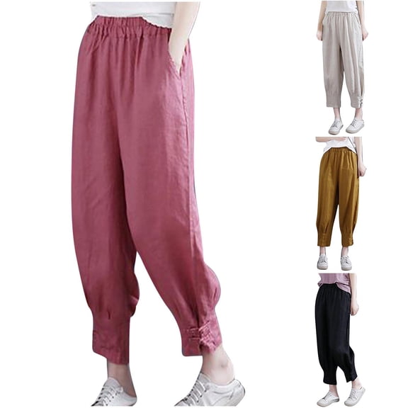 Capri Pants for Women, Xunlbb Women's And Linen Casual Loose Leg Capris(Black,L)