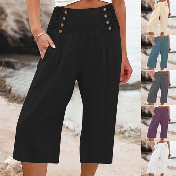 Capri Pants for Women, Xunlbb Women’s Elastic Waist Summer Solid Casual With Pockets Outing Capris Length Pants(Black,S)